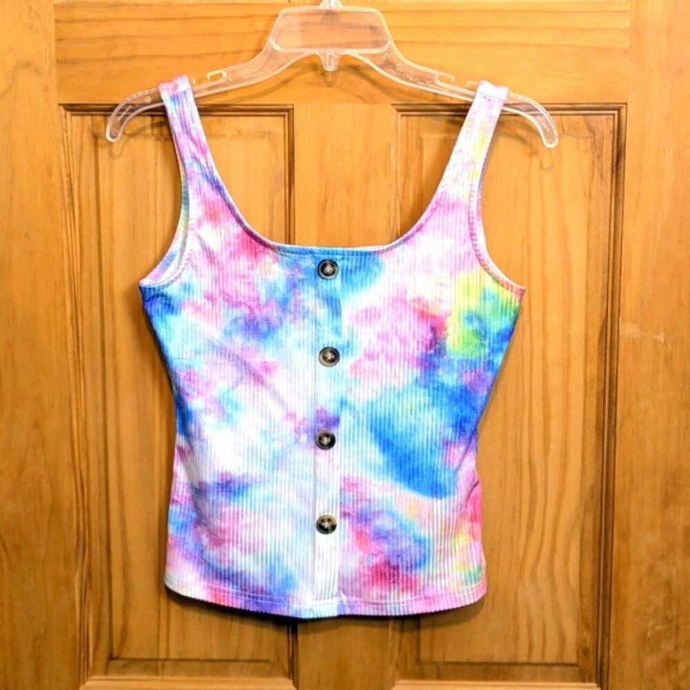 Women's SHEIN Ribbed Knit Crop Top Tank Top Pink/Blue/White Tie Dye Size Small